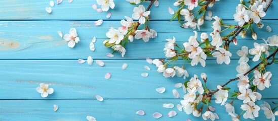 Background of spring with cherry blossom flowers on a blue wooden surface from above, with space for text.