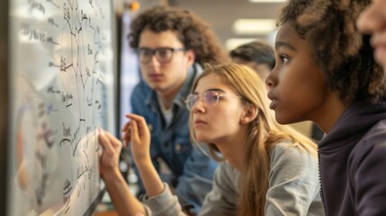 A group of students listening intently as their instructor breaks down complex statistical equations on a large flip chart in the front of the room. . - obrazy, fototapety, plakaty
