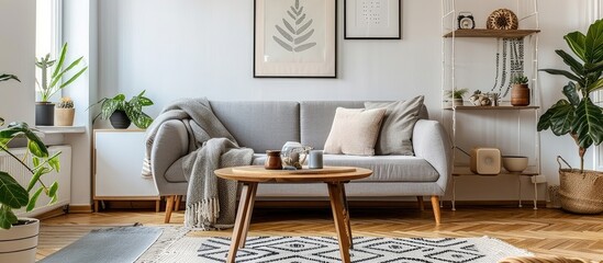 The living room in an elegant home decor features a stylish Scandinavian interior, complete with a grey sofa, retro wooden table, mock-up poster frame, decorations, carpet, and personal accessories.