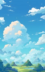 Fototapeta premium 青空と白い雲が広がる自然風景のファンタジーイラスト