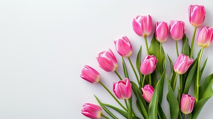 Obraz premium A delightful arrangement of pink tulips set against a pristine white backdrop creating the perfect Mother s Day floral display with ample space for a personal message This top view shot cap