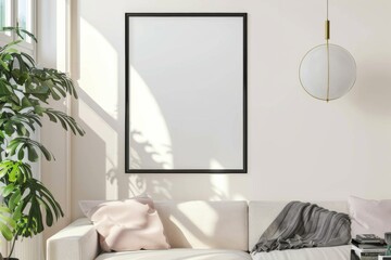 Scandinavian style living room with poster mockup created with generative ai