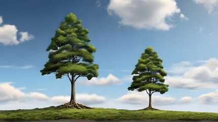 Two trees are standing in a grassy field with a blue sky above them