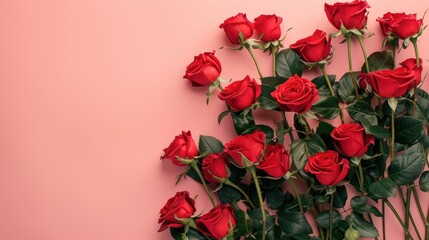 A stunning arrangement of vibrant red roses pops against a soft pink backdrop in this top view flat lay offering a fresh burst of color Ample copy space surrounds the floral composition cre