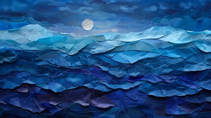 Layers of torn paper create depth against a backdrop of midnight blue, enhancing the gradient wave's dynamic presence. - obrazy, fototapety, plakaty