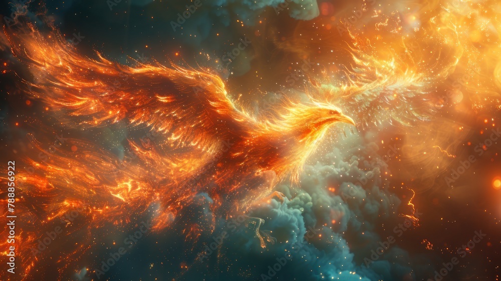 Wall mural A majestic phoenix reborn from digital ashes in a blaze of holographic flames