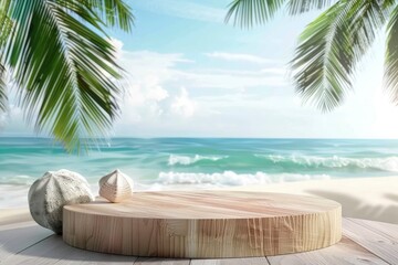 Fototapeta na wymiar Summer product display on wooden podium at sea tropical beach - generative ai