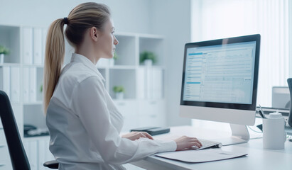 パソコンモニターに向かい仕事をする女性 Businesswoman at work looking at PC monitor 
