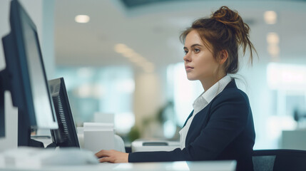 パソコンモニターに向かい仕事をする女性 Businesswoman at work looking at PC monitor 
