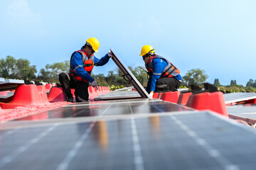Photovoltaic engineers work on floating photovoltaics. workers Inspect and repair the solar panel...