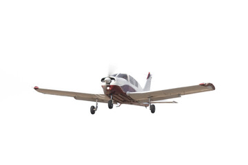 Single Engine Aircraft Isolated. Low wing general aviation, small plane single propellor. Fixed landing gear, takeoff aeroplane