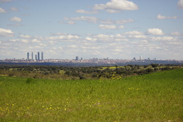 Paisaje de campo  desde las afueras de la gran ciudad dejando ver las torres. Madrid
