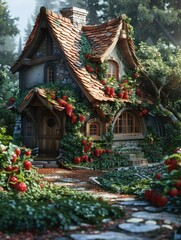 A small wooden house covered in red fruits