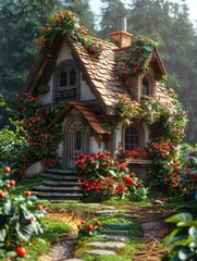 A small wooden house covered in red fruits
