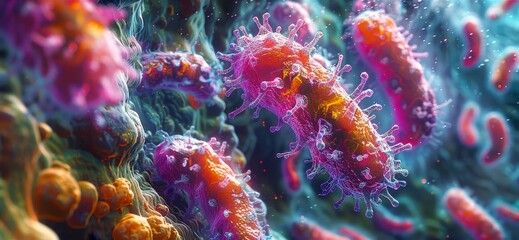 colorful microscopic view of bacteria and viruses