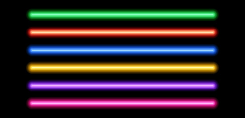 Neon tube lamp set. Glowing led light line beam collection. Bright luminous fluorescent bar stick lines. Shining colorful strip element pack to divide, separate, decorate. Vector illustration