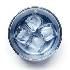 Cup of water with ice cubes on white background, Top view.