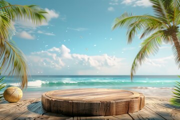 Summer product display on wooden podium at sea tropical beach - generative ai