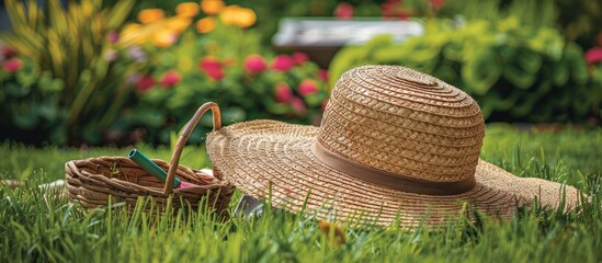 Gardening equipment and a straw hat are placed on the lawn in the backyard.