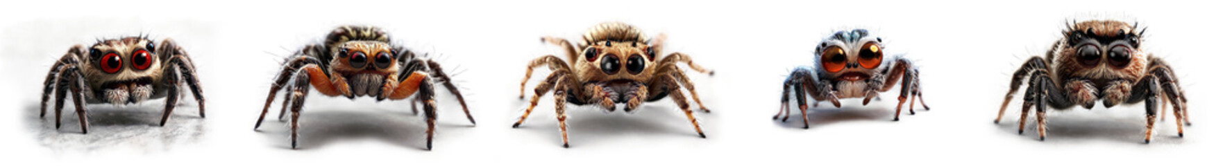 Adorable collection of 5 cartoon jumping spider characters on transparent alpha background. Perfect for playful designs and insect enthusiasts