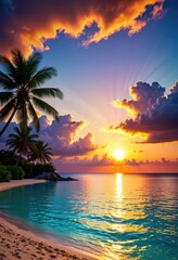 Fototapeta na wymiar Amazing tropical sunset panorama at Maldives islands.