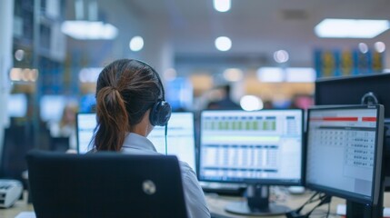 A shot from behind the receptionists desk with their back facing the camera. On the desk there are multiple phone lines and a computer screen displaying a busy schedule. In the background .
