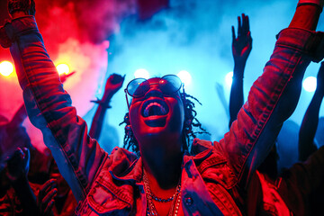 African American woman raising her hands emotionally during a live electronic music concert with a background of multicolored lights and smoke and the excited audience
