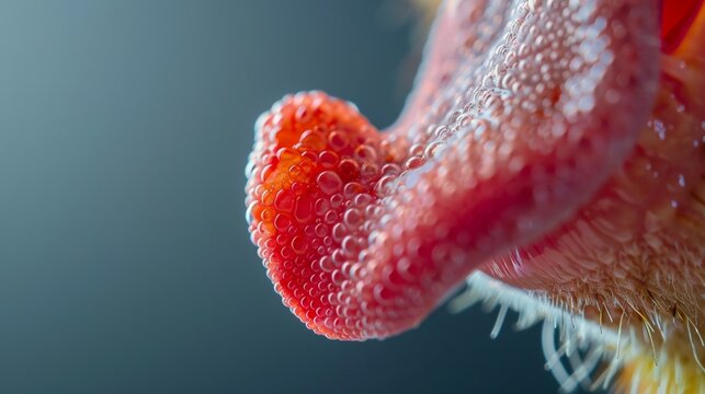 A tongue protruding from the mouth displaying its unique texture and movement. .