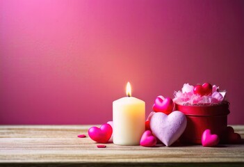 Candle and hearts on wooden table captured through photography