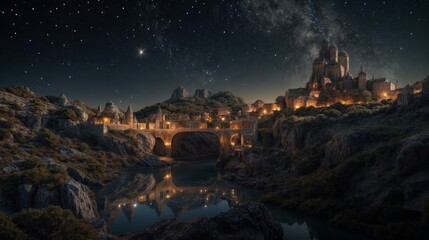 Fantasy landscape with castle and river at night.