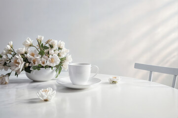 Cup of coffee and white flowers on a white table in sunlight