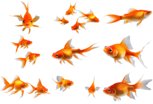 Diverse goldfish collection isolated on transparent background. Perfect for aquatic designs and decorative graphics.