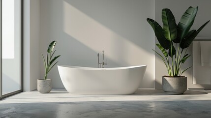 The freestanding bathtub stands elegantly on a concrete pedestal inviting you to relax and unwind in the minimalist surroundings. .