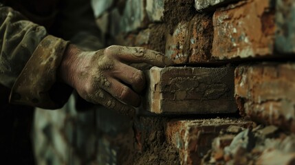 A bricklayer meticulously aligns bricks over fresh mortar in a close up shot skillfully crafting a sturdy wall