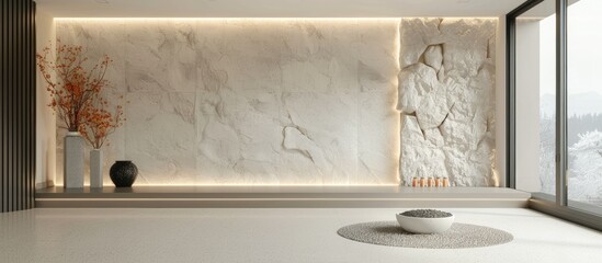 Contemporary interior design in an empty space with a modern stone wall light fixture.