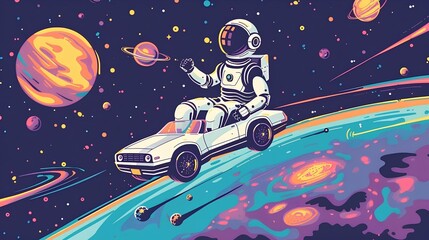 Astronaut riding a car in space creative art illustration  - obrazy, fototapety, plakaty