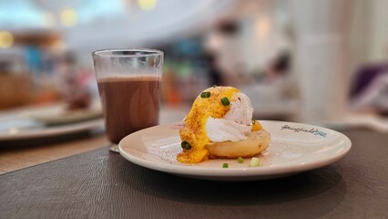 egg benedict and hot chocolate in the hotel cafe, breakfast, eggs, buffet, 
