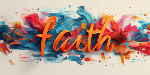 The word faith in elegant script and bright dynamic brushstrokes, colorful contemporary religious inspiration