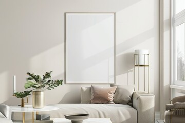 Scandinavian style living room with poster mockup created with generative ai