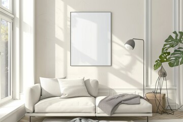 Scandinavian style living room with poster mockup created with generative ai