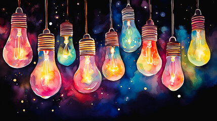暗闇に幻想的に灯るカラフルなたくさんの電球の水彩イラスト - obrazy, fototapety, plakaty