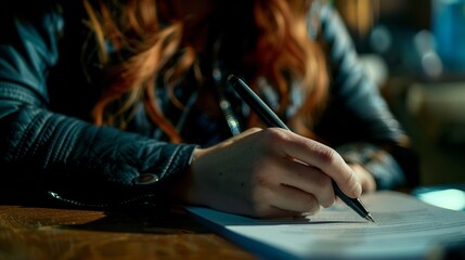 A closeup of a reporters hand clutching a pen scribbling notes as she interviews a source for her investigative piece. .