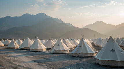 Scenic mountain Rows of white tents