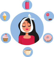 Woman with Bandage Suffering Toothache after Eating Unhealthy Vector Illustration. Dental patient with unhealthy diet having cavities with painful symptoms
