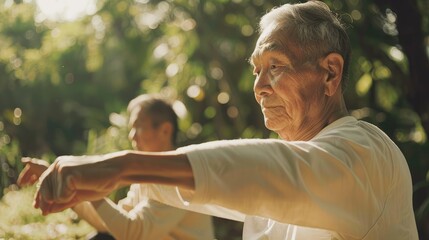 senior man exercising with gentle stretches under the guidance of a caregiver, promoting mobility and well-being