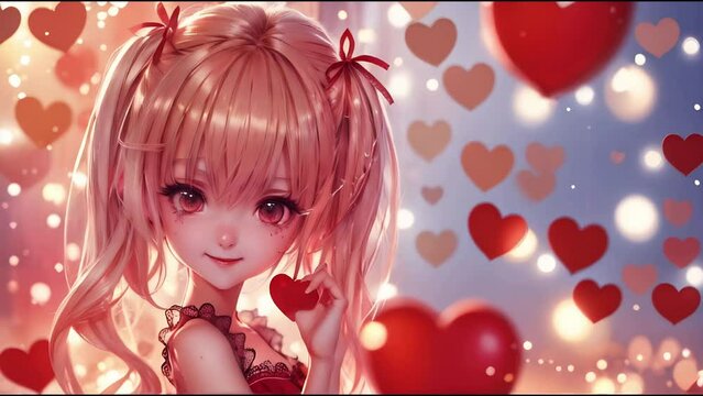 Cute chibi LOFI anime manga girl, valentines day hearts background. anime girl. animation
