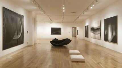 modern art gallery with avant-garde installations and minimalist interiors, showcasing cutting-edge...