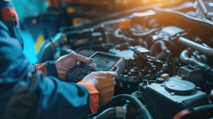 mechanic uses a diagnostic tool to identify engine issues, troubleshooting with modern technology. - obrazy, fototapety, plakaty