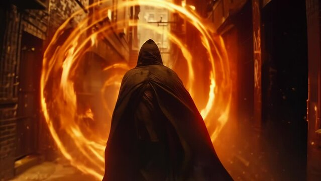 Shadowy figure draped in eerie robes stands within a blazing circular inferno, akin to a gatekeeper guarding a portal to another dimension. 