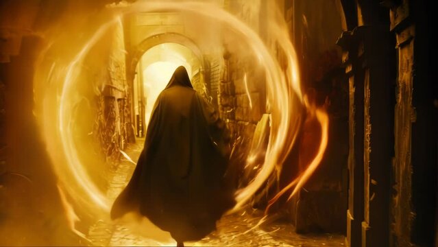 Shadowy figure draped in eerie robes stands within a blazing circular inferno, akin to a gatekeeper guarding a portal to another dimension. 